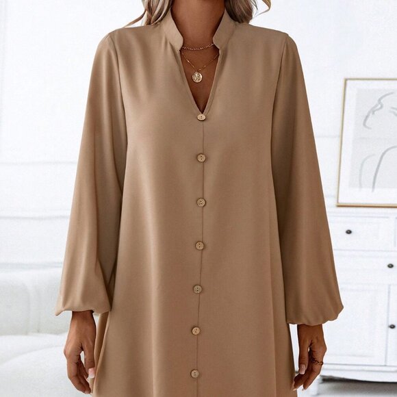 Khaki Casual Women's Notched Neckline Lantern Sleeve Dress - Picture 3 of 6
